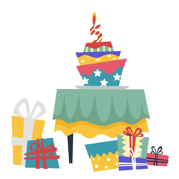 Вектор Празднование дня рождения с тортом и подарочными коробками