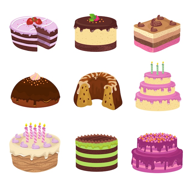 생일 파티 벡터 맛있는 케이크. 기념일 케이크와 컵 케이크 장식