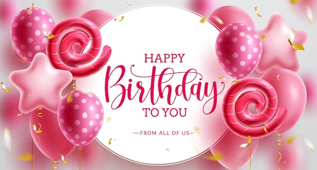 Vector birthday party vector template design. happy birthday greeting text in circle space with pink.