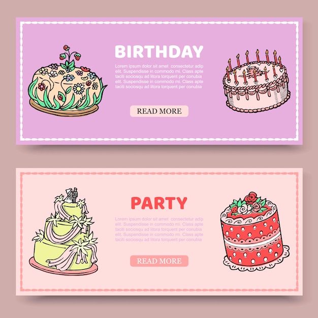 Birthday party or wedding anniversary set of banners with birthday cakes