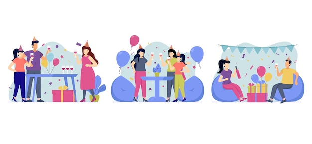 Birthday Party with Friends Scene Flat Bundle Design