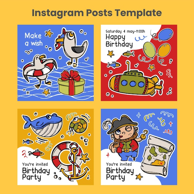 생일 해적 포스트 템플릿 디자인 카드 소셜 미디어 세트
