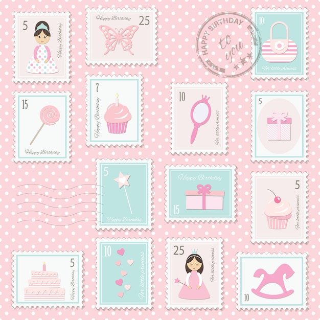 Birthday postage stamps set for girls.