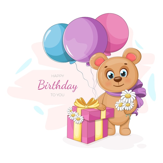 Birthday postcard with cute bear balloons flowers and a gift box