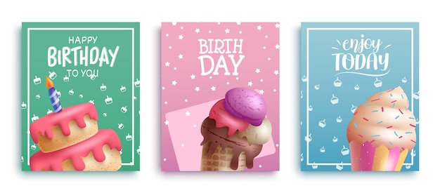 Birthday poster vector set design. birthday invitation card collection with cake and ice cream.