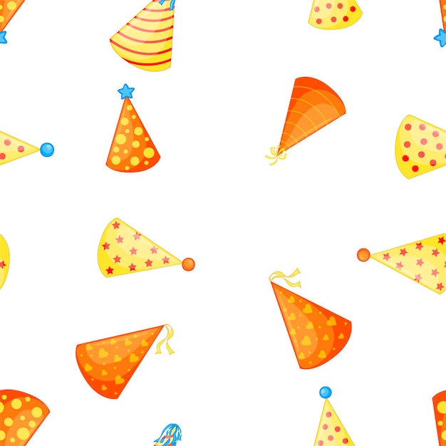 Birthday seamless multicolored pattern with caps on a white background cartoon style vector