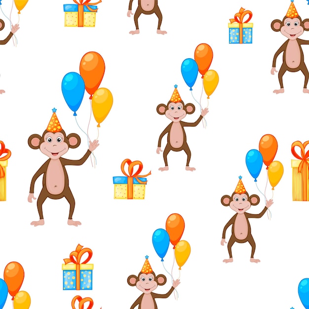 Birthday seamless multicolored pattern with monkeys on a white background Cartoon style Vector