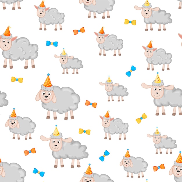 Birthday seamless multicolored pattern with sheeps on a white background Cartoon style Vector