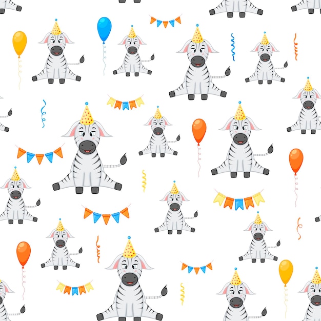 Birthday seamless multicolored pattern with zebras on a white background Cartoon style Vector