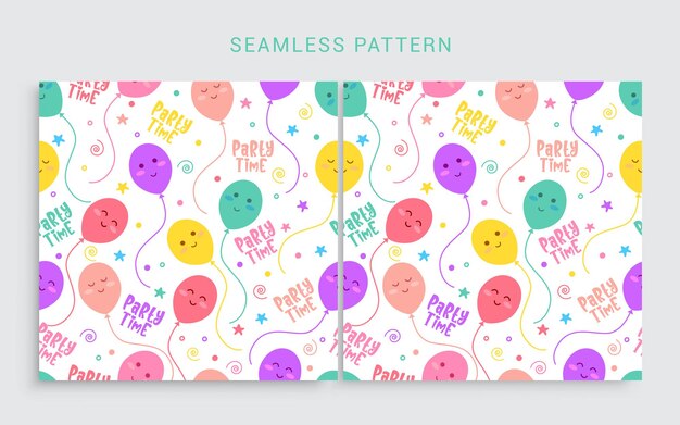 생일 원활한 패턴 벡터 세트 다채로운 풍선 생일 요소가 있는 파티 시간 텍스트