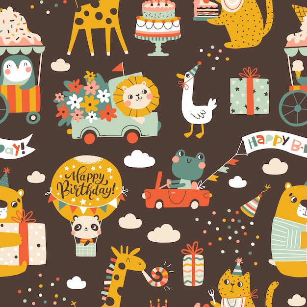 Vector birthday seamless pattern with cute animals vector hand drawn cartoon illustration