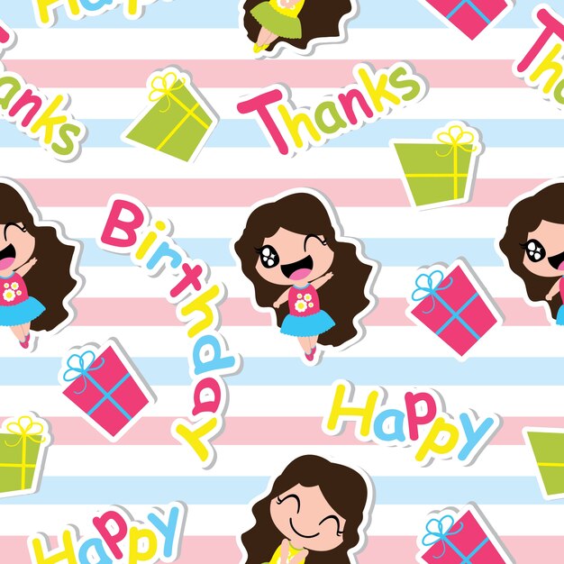 Seamless pattern di compleanno con la ragazza carina e scatole regalo vettoriale cartone animato