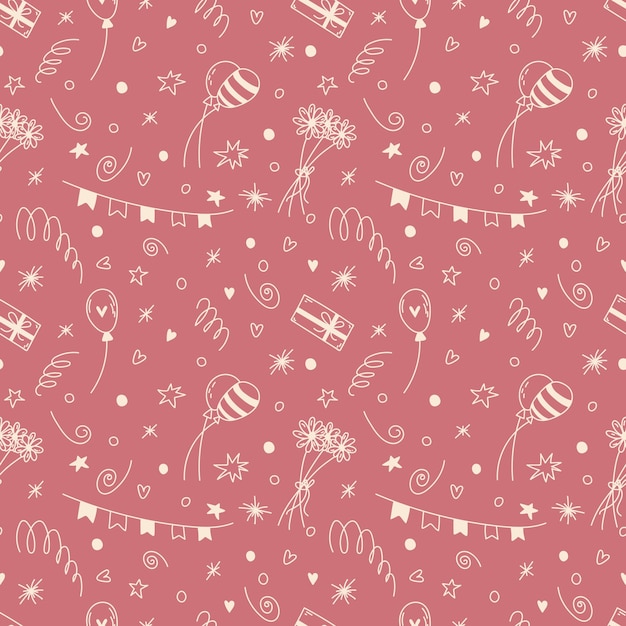 Birthday seamless vector pattern in pink and champagne doodle Cute cartoon background