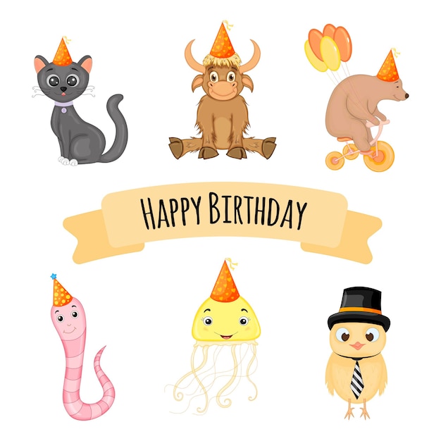 Birthday set of cute animals for holiday card or invitation. cartoon style. vector illustration.