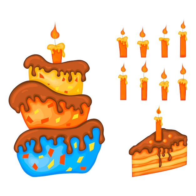 Birthday set for holiday card or flyer with cakes cartoon style vector