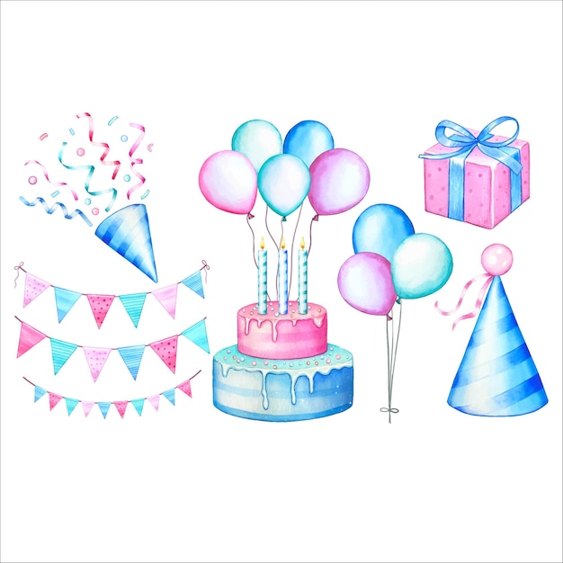 birthday set with cake balloons gift boxes garlands watercolor illustration