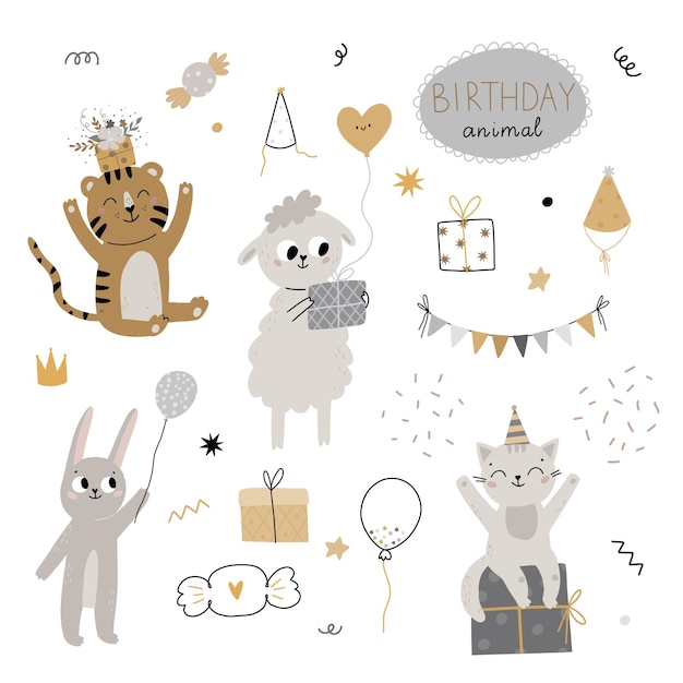 Vector birthday set with cute animals a collection of happy cat sheep tiger bunny balloons