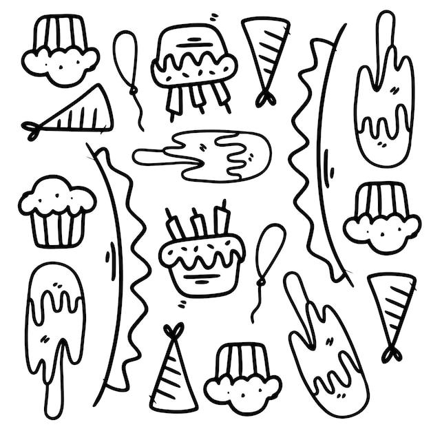 Birthday set with doodle line style vector