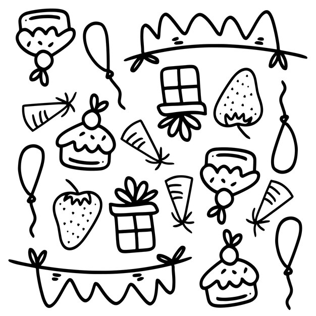 Birthday set with doodle line style vector