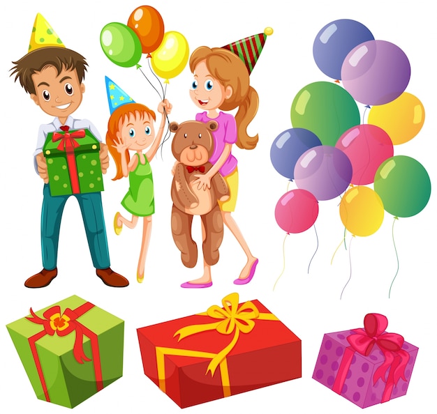 Compleanno insieme con la famiglia e presenta illustrazione