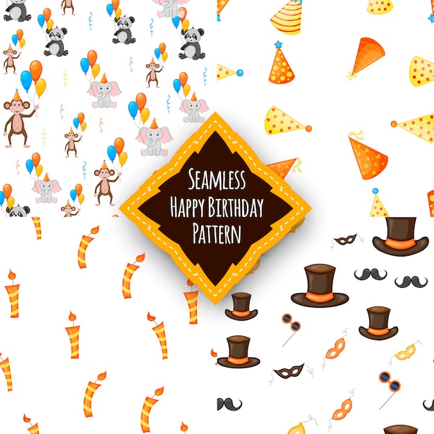 Birthday set with seamless multicolored patterns on a white background. Cartoon style. Vector.