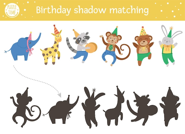 Birthday shadow matching activity for children. Fun puzzle with cute animals in party hats. Holiday celebration educational game for kids. Find the correct silhouette printable worksheet.