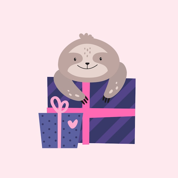 Vector birthday sloth with gift box