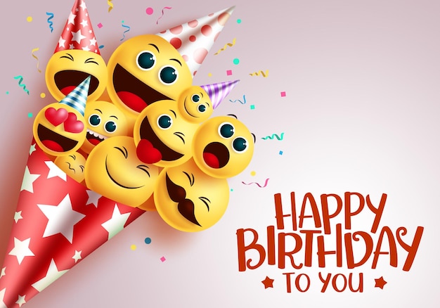 Birthday smiley bouquet vector design Happy birthday to you greeting text in red empty space