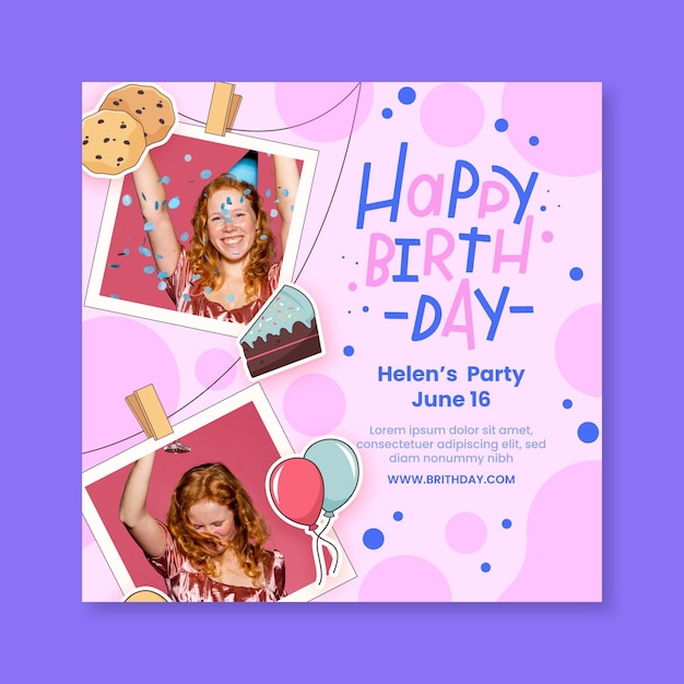 Birthday squared flyer template with photo