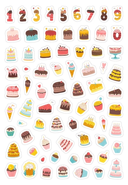 Birthday sticker pack Collection of holiday illustrations for party wedding with cakes cupcakes