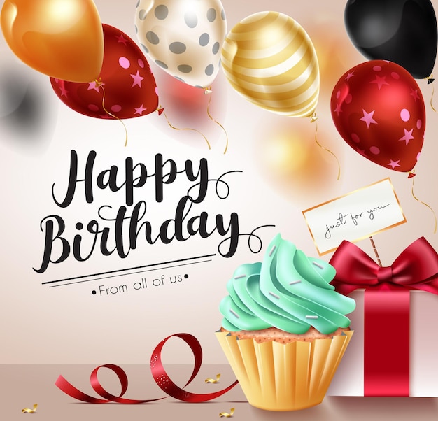 Birthday surprise vector design. Happy birthday text with celebration elements of cupcake, gift.