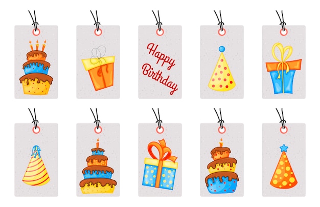 Birthday tags for holiday items. cartoon style. vector.