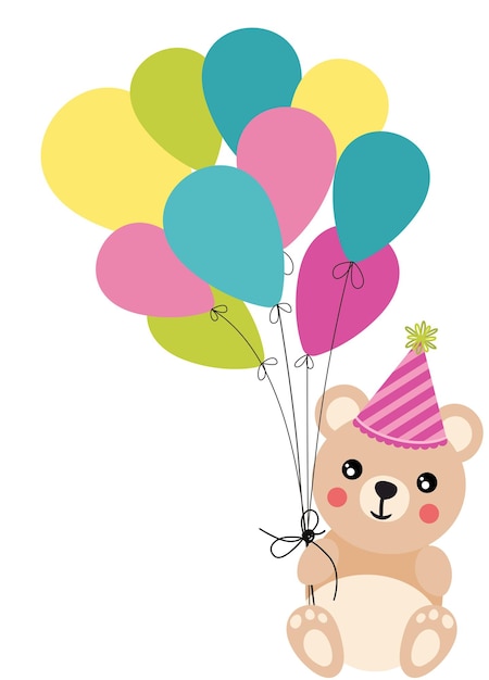 Vector birthday teddy bear holding a set of balloons