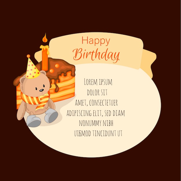 Vector birthday template for text with teddy bear cartoon style vector illustration