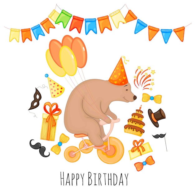 Modello di compleanno con orsacchiotto per biglietto di auguri o invito. stile cartone animato. illustrazione vettoriale.