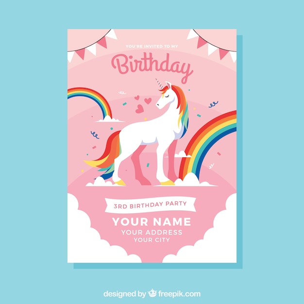 Birthday template with a unicorn and rainbow