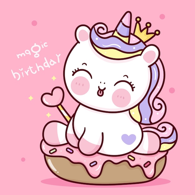 Vettore il fumetto della principessa dell'unicorno di compleanno che tiene la bacchetta magica si siede sull'animale di kawaii del bigné