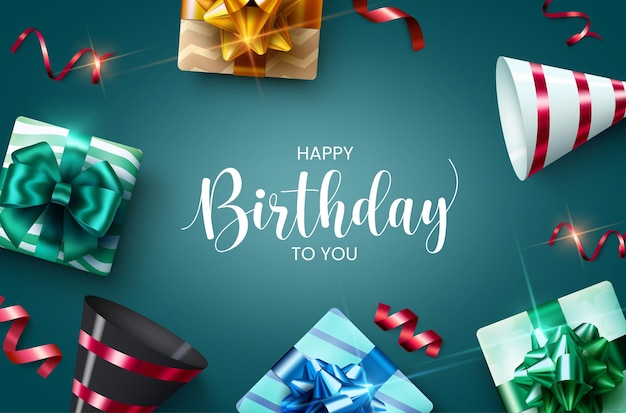 Birthday vector background design. Happy birthday to you text with gift boxes, party hats.