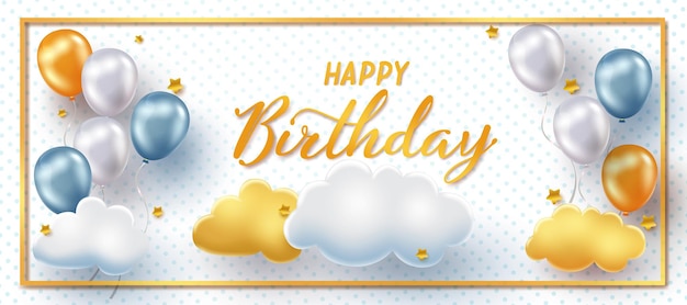 Birthday vector banner design. Happy birthday text in gold frame with balloons and clouds element.