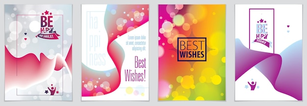 Vector birthday vector design for greeting card. includes lettering composition and balloons combined with wavy fluid colorful shape abstract backgrounds collection. a4 format with cmyk colors acceptable for