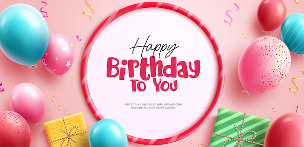 Birthday vector template design Happy birthday text in circle white space with balloons