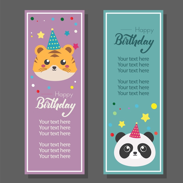 Birthday vertical banner with tiger and panda