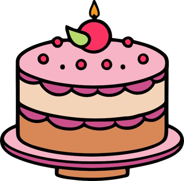 Vector birthday wedding tart cake with candle in flat color vector design in white background