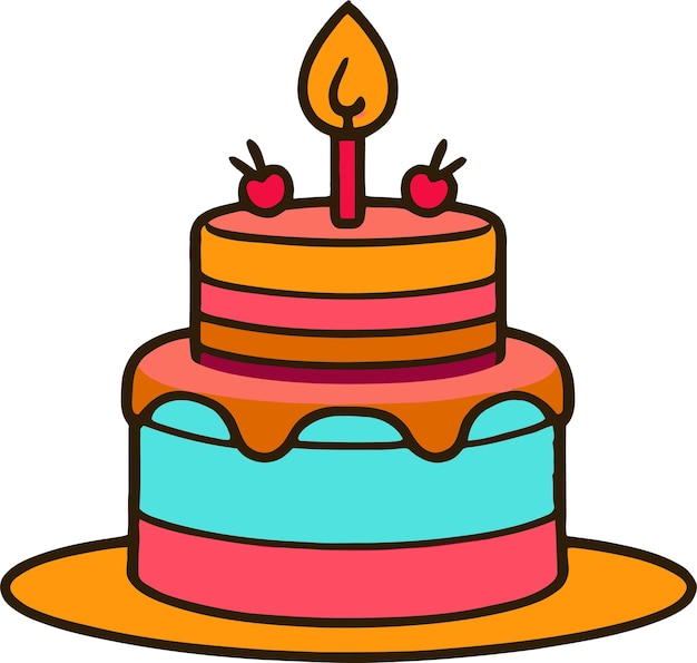 Торт на день рождения со свечой в плоском цветном векторном дизайне на белом фоне