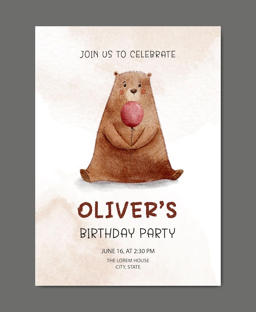 Vector birthday with bear theme watercolor invitation card template