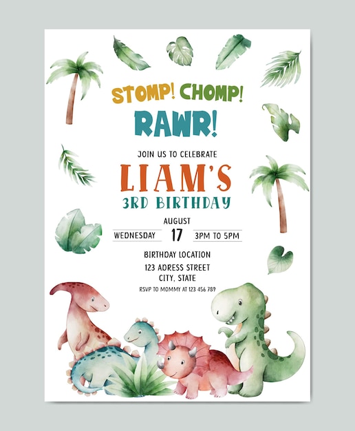 Birthday with Dinosaur theme watercolor invitation card template background