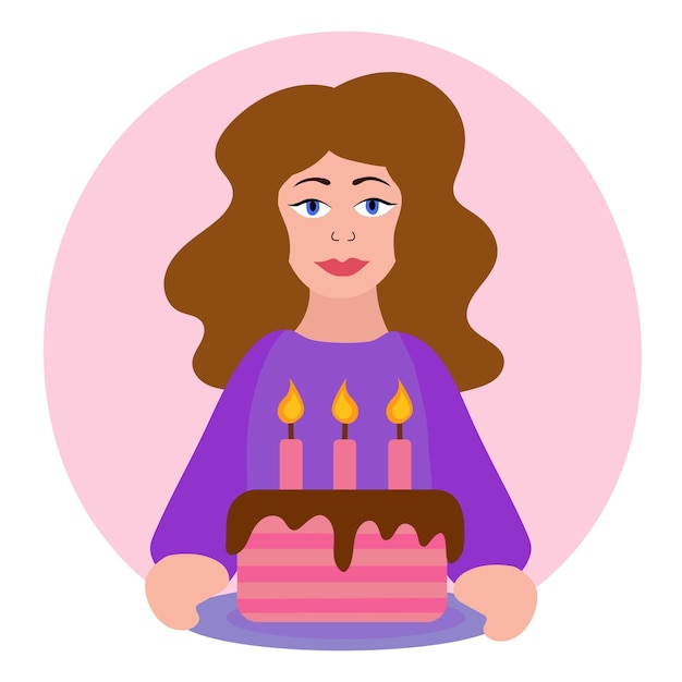 Birthday woman girl holding plate with birthday cake candles vector flat illustration