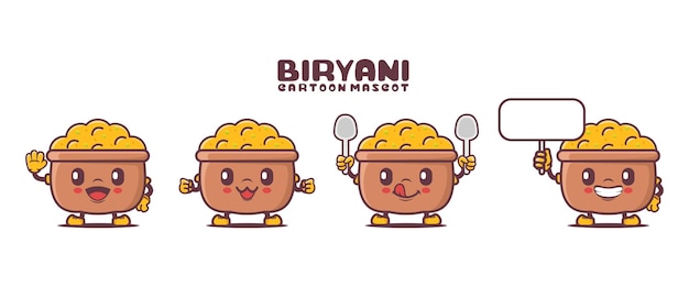 Biryani rijst cartoon mascotte met verschillende uitdrukkingen