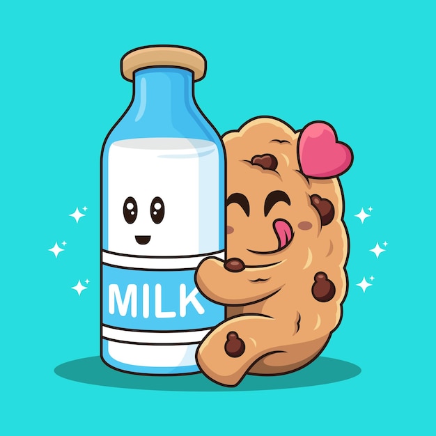 Biscotto che abbraccia il latte con cartone animato d'amore illustrazione dell'icona vettoriale di cibi e bevande isolata su vettore premium