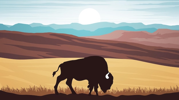 A bison grazing on a vast prairie with tall grass